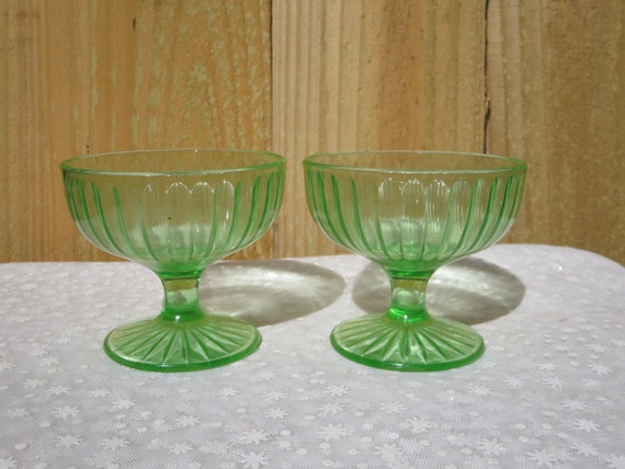Green Depression Glass Sherbets Vintage Green Vaseline Uranium Depression Glass