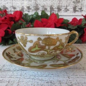 Elegant Gold Gilt Tea Cup and Saucer in Soft Green - Vintage Tea Party Decor