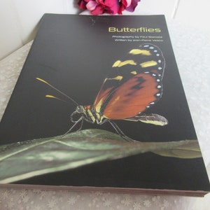 May include: A book titled "Butterflies" with a photograph of a butterfly on a green leaf. The butterfly has orange, black, and yellow wings.