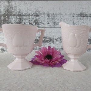 Jeanette Pink Milk Glass Pear Creamer and Sugar