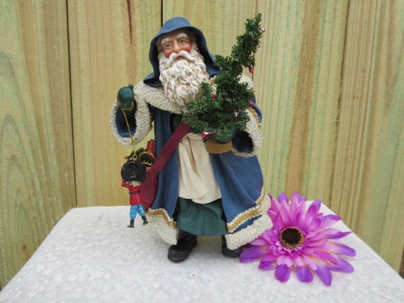Vintage Blue And White Santa Carrying A Sack Full Of Toys Christmas Home Decor Santa Wearing Long Blue Coat Delivering Gifts And Trees - 