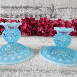 Pair of Blue Opalescent Fenton Hobnail Candle Holders