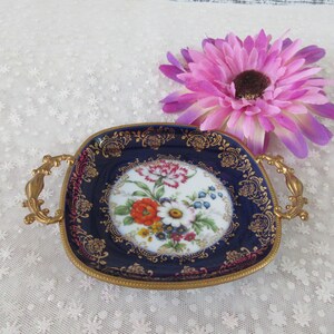 Collectible Limoges Cobalt Blue Floral Trinket Tray - French Porcelain Jewelry Dish