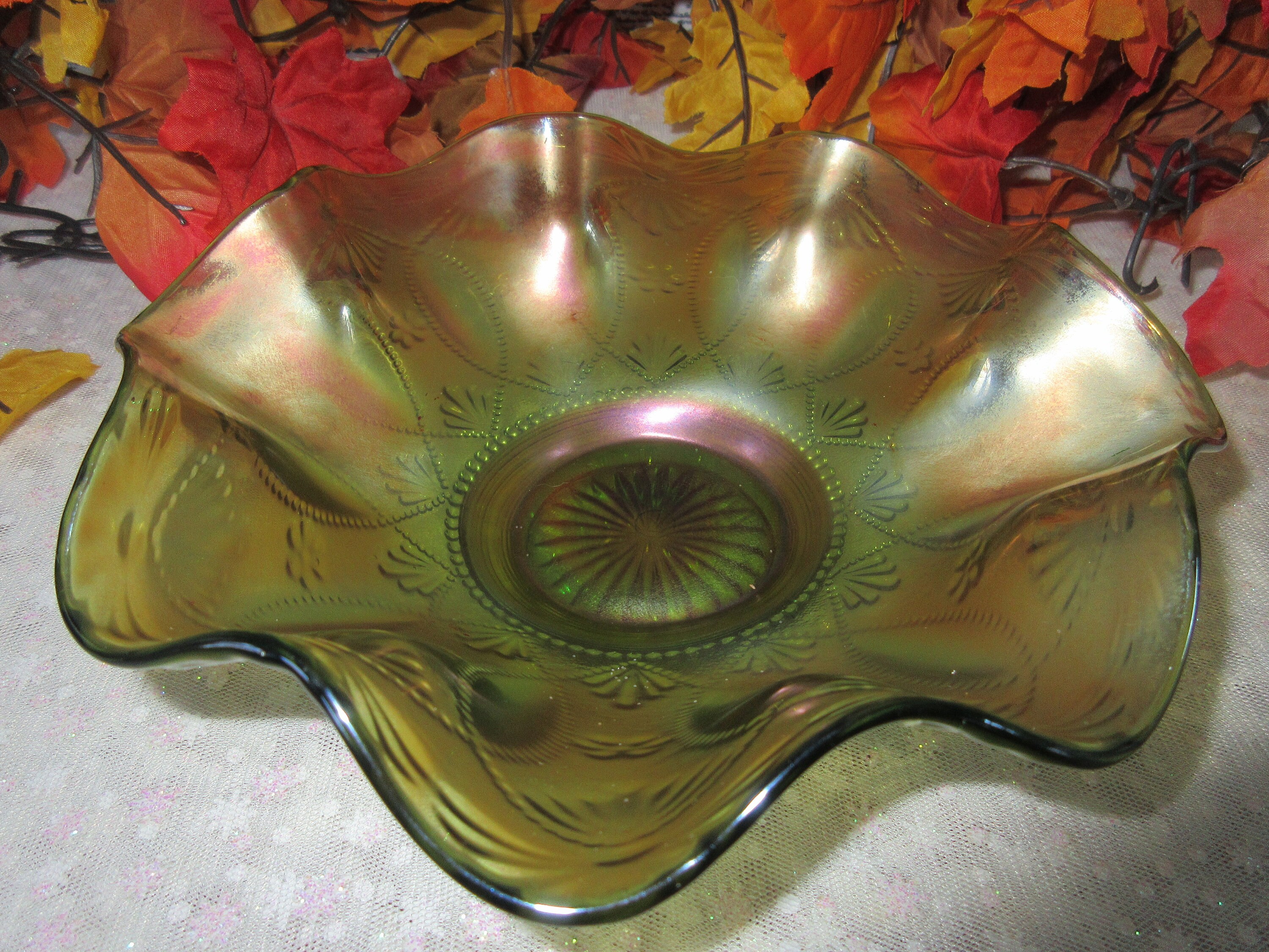Northwood Green Carnival Glass Bowl