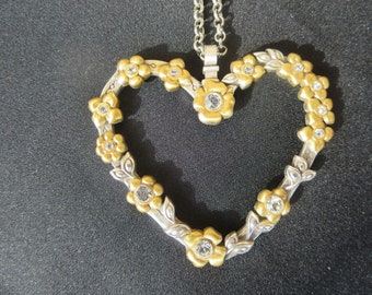 Brighton Floral Heart Necklace: Rhinestone Flower & Leaf Design