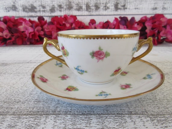 Elegant Two Handle Limoges Bernardaud and Co Teacup and Saucer Duo