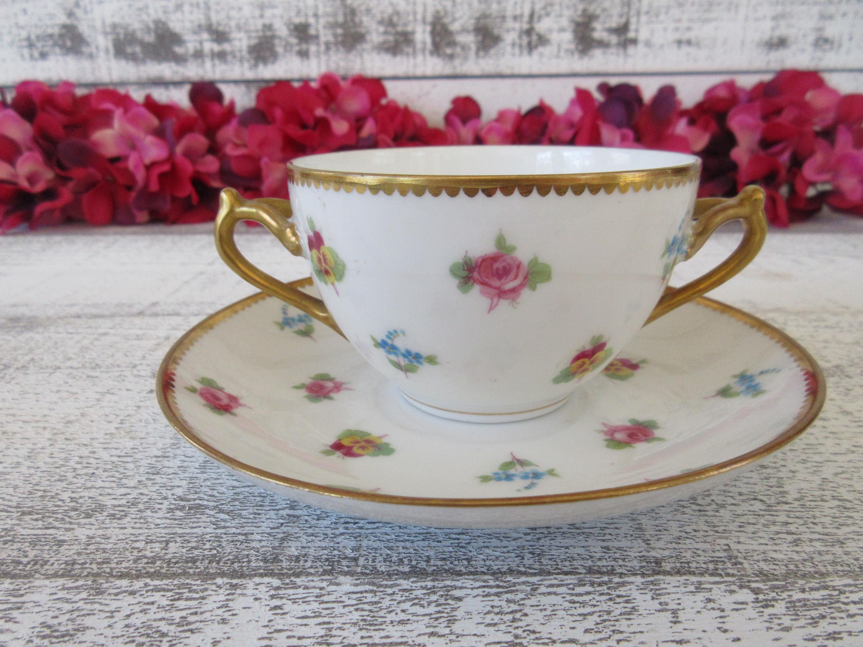 Elegant Two Handle Limoges Bernardaud and Co Teacup and Saucer Duo