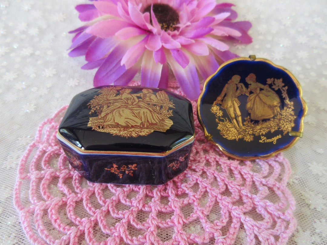 Limoges Castel Cobalt Trinket Box and Mini Plate: 22K Gold