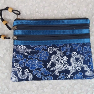 Asian Handbag, Navy Blue and Silver with Dragons and Flowers