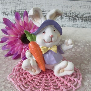 Whimsical Easter Bunny Figurine - Smiling Rabbit with Vintage Carrot Accent