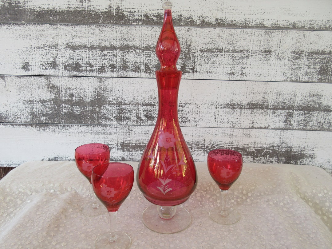 Cranberry Etched Glass Decanter Set - Etsy
