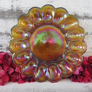 Vintage Indiana Carnival Glass Devil Egg Holder - Mid-Century Kitchen Decor