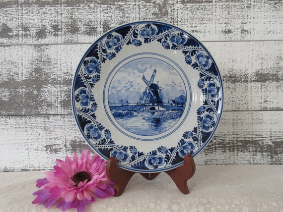 Ancien Plat Mendiant Royal Bonn / Delft – Décor Moulin Et Bateau Bleu Sur Fond Blanc