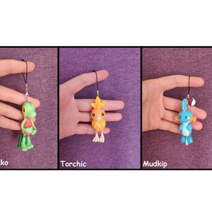 May include: Three handmade Pokémon character charms: Treecko, Torchic, and Mudkip. Treecko is green and red, Torchic is orange and white, and Mudkip is blue and white. Each charm is attached to a black string with a silver clasp.