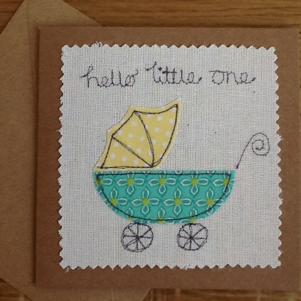 Hola Little One, tarjeta de niña o niño, baby shower, carruaje, cochecito, verde, amarillo, personalizado, bordado a mano alzada