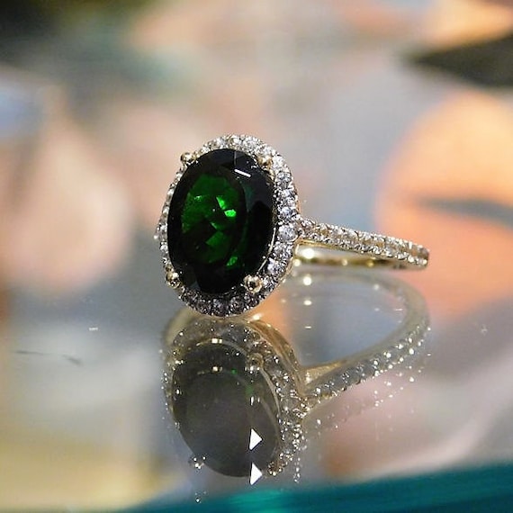Green Tourmaline Ring / Size 6 / Pave Halo Diamond / Engagement / 10K Yellow Gold / 2.75 Carats