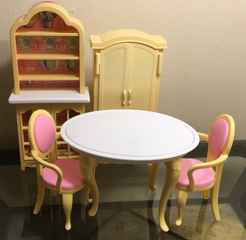 Vintage Barbie Furniture 1996 Dining Table Chairs Cabinet Hutch And Entertainment Center In Great Condition