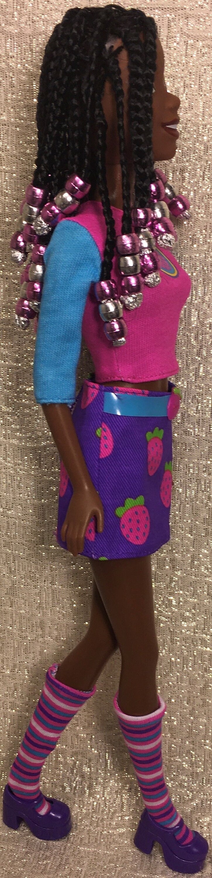 Disney Princess Tiana Barbie Doll, Natural Braided Hair: Purple/silver Beaded Braids, Mini Skirt