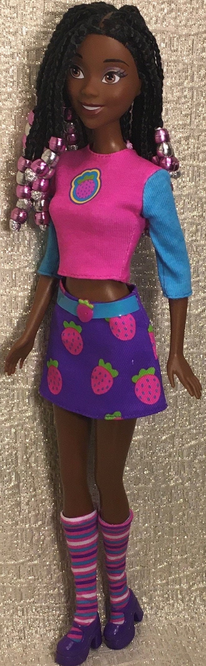Disney Princess Tiana Barbie Doll, Natural Braided Hair Purple/silver Beaded Braids, Mini Skirt