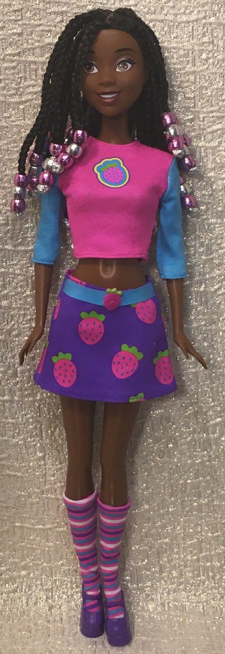 Disney Princess Tiana Barbie Doll, Natural Braided Hair: Purple/silver Beaded Braids, Mini Skirt