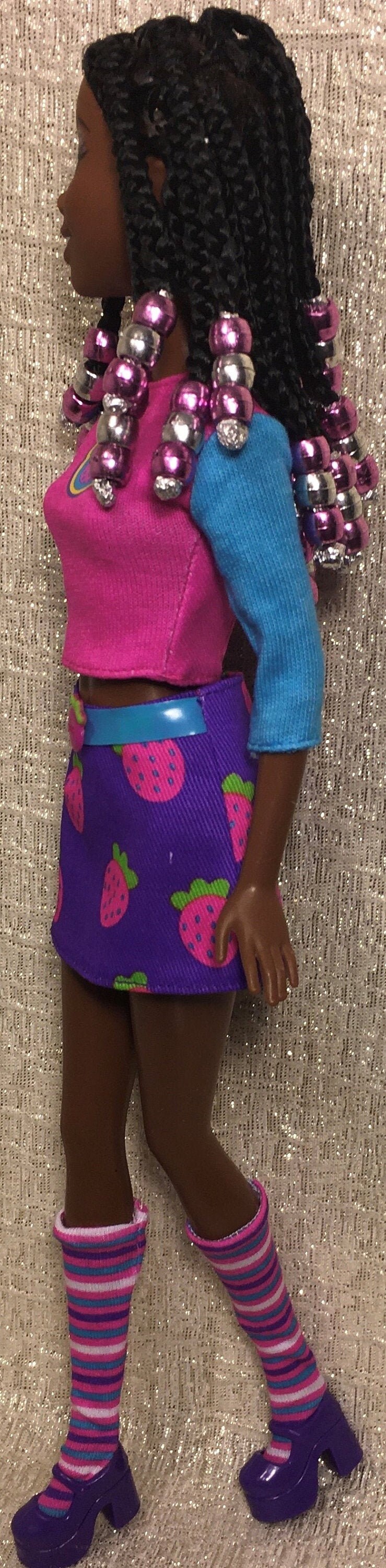 Disney Princess Tiana Barbie Doll, Natural Braided Hair: Purple/silver Beaded Braids, Mini Skirt