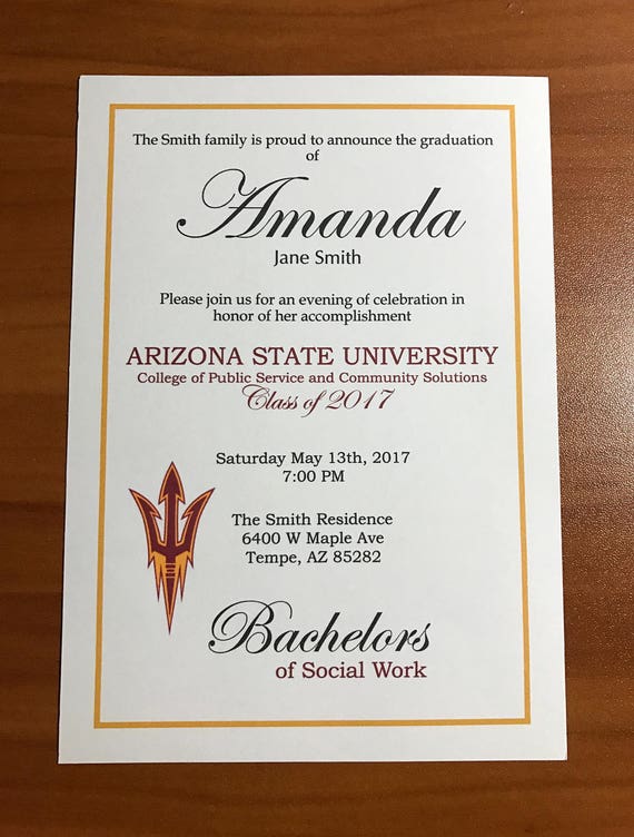 Arizona State University Graduation Invitation Unisex Pack of Etsy