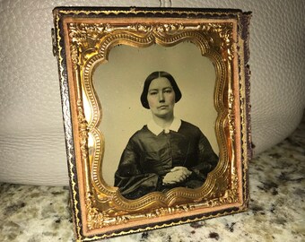 Double Glass Gold Color Pinchbeck Framed. Half Case 163 yr Old Darling Fashion Pose VICTORIAN AMBROTYPE Lady Full Big Dress Artist Tinted