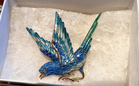 Stunning Vintage Blue Bird Swollow Enamel on Silv… - image 2