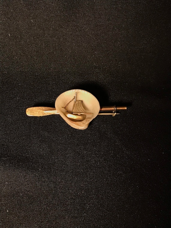 Antique nautical brass and shell brooch, with boat
