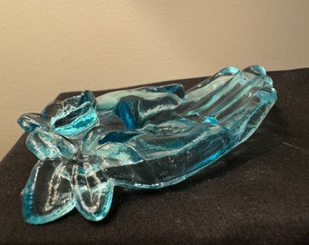 Vintage Degenhart Aqua Blue Glass Open Hand Trinket Dish Ring Holder