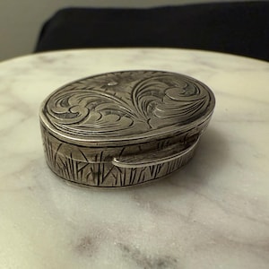 Antique 800 Silver German Silver Small Oval Hand Etched Hinged Pill Box