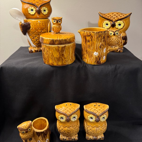 Owl Kitchen Set 7 Pieces MCM 1960s 1970s Ceramic Containers Storage Japan Coffee Sugar Creamer Toothpick Napkin Holder