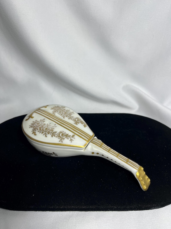 Limoges France fine bone china mandolin-shaped trinket box.