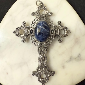 Large Vintage Religious Blue Lapis Stone and Silver Tone Cross Pendant Religious Crucifix Statement Necklace