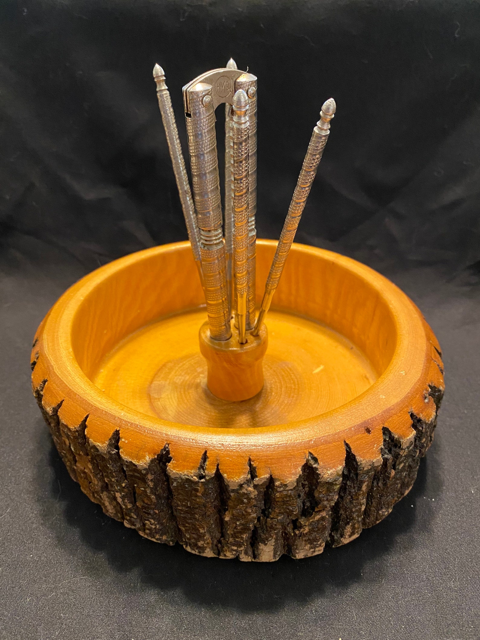 Vintage Wooden Tree Log Nut Cracker Bowl Set Etsy