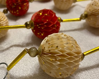 Antique/vintage honeycomb Christmas garland, With honeycomb paper balls, mercury glass beads, paper tubes and Gold glitter.