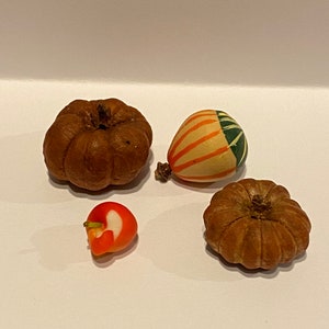 Dollhouse miniature fall pumpkins , gourd and partially peeled apple.