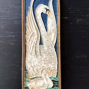 May include: Rectangular wall art featuring a swan family. The artwork depicts a large swan with its wings spread, and two smaller swans in the water. The background is blue, with a gold-colored frame.