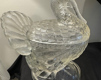 Vintage Clear Pressed Glass Turkey Covered Dish