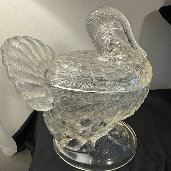 Vintage Clear Pressed Glass Turkey Covered Dish