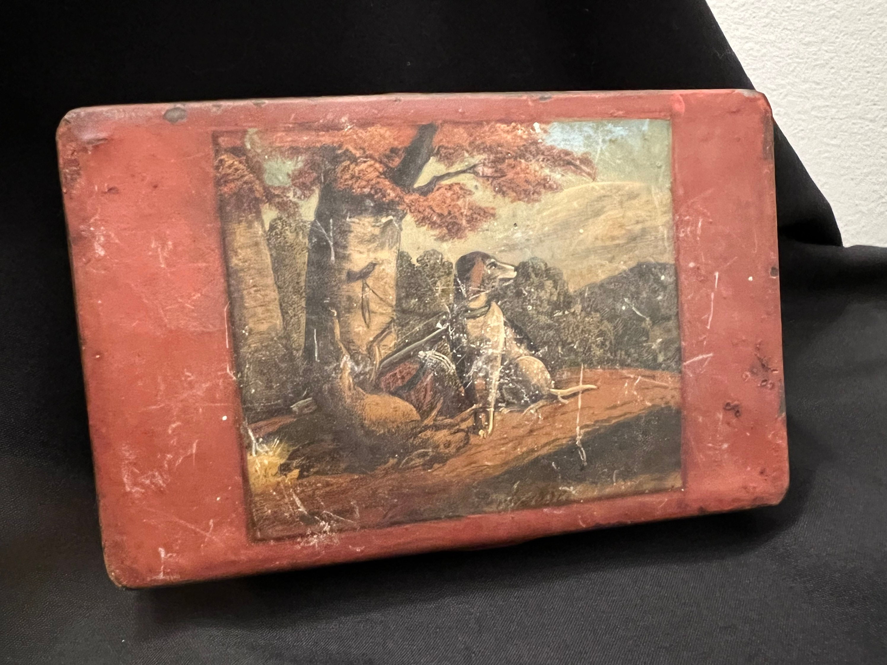 outlets shoponline Antique Red Tobacco Tin Snuff Box with Hunting Dog Scene