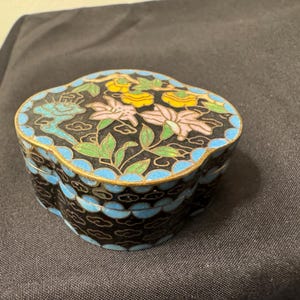 Vintage Oriental Enamel Closonie Trinket Pill Box Floral Design  