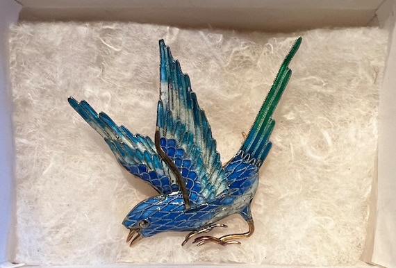 Stunning Vintage Blue Bird Swollow Enamel on Silv… - image 6