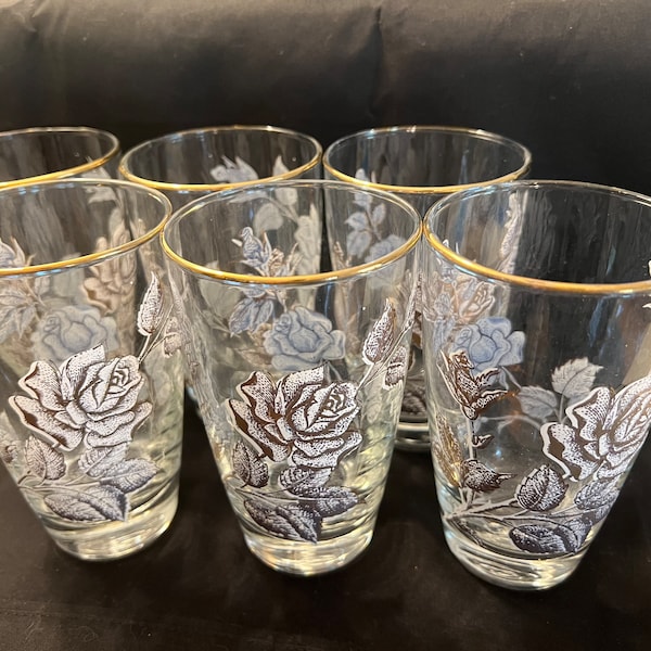 Set of 6 1960s Mid Century Libbey Rock Sharpe Rose Bouquet Tumbler Glasses