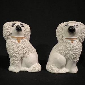 Pair of Antique Early 20th Century Miniature English Staffordshire Confetti Poodle Dog Figurines Marked