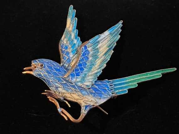 Stunning Vintage Blue Bird Swollow Enamel on Silv… - image 3