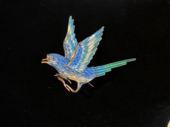 Stunning Vintage Blue Bird Swollow Enamel on Silv… - image 8