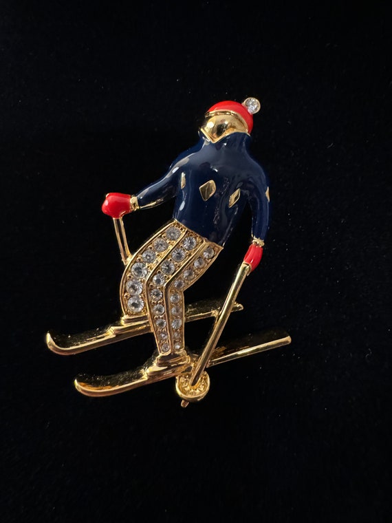 Vintage Gold Tone and Enamel Monet Winter Skier Sk