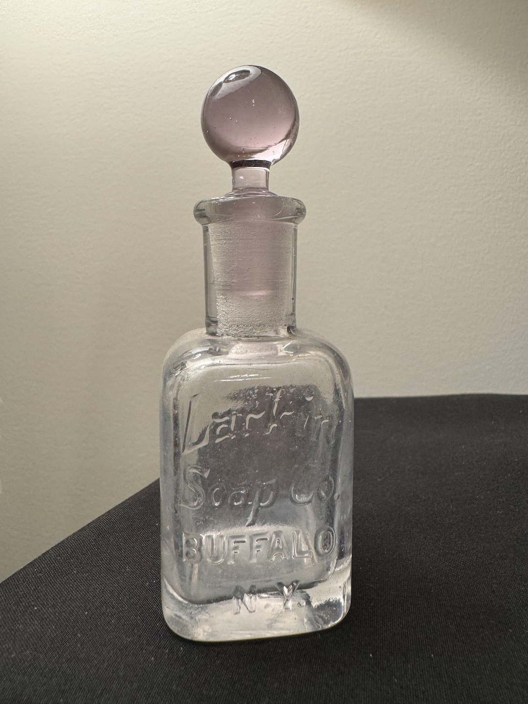 Small Antique Larkin Soap Co. Advertising Bottle With Purple Stopper