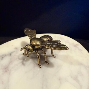 May include: A detailed, bronze-colored bee figurine with intricate wing and body details. The bee is positioned on a white marble-patterned surface, set against a dark background. This decorative item is a nature-inspired accent.